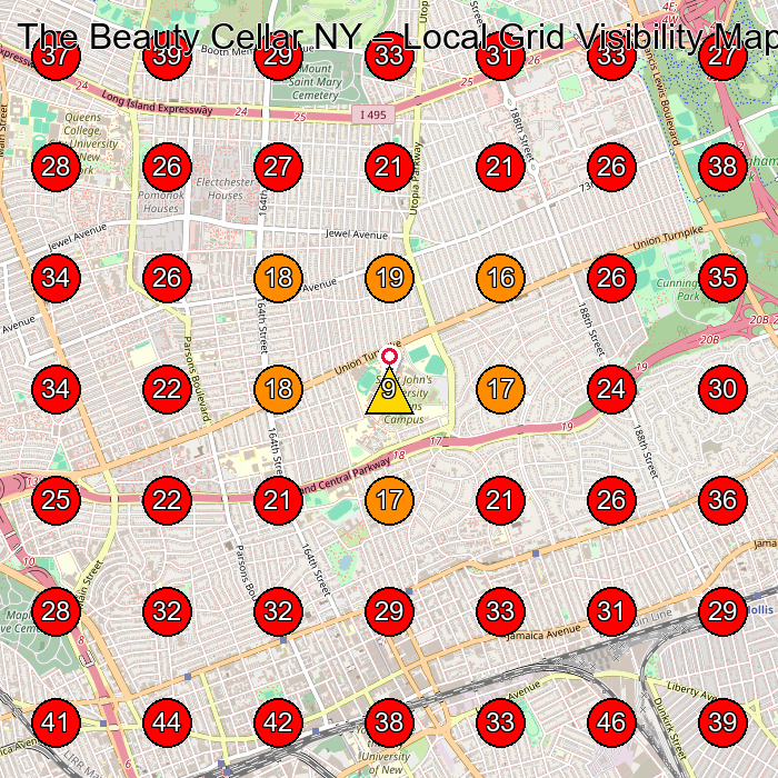 The Beauty Cellar NY GeoGrid visibility map for Medical Spa in Queens